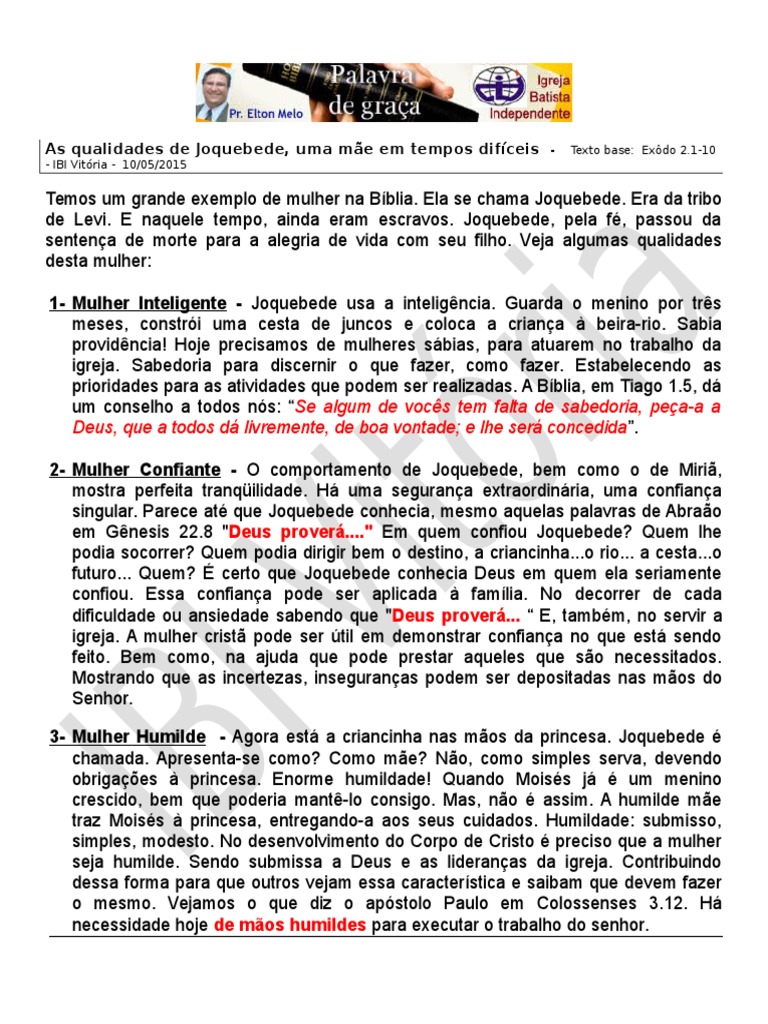 As Qualidades de Joquebede Uma Mae em Tempos Dificieis 10mai2015, PDF, Moisés