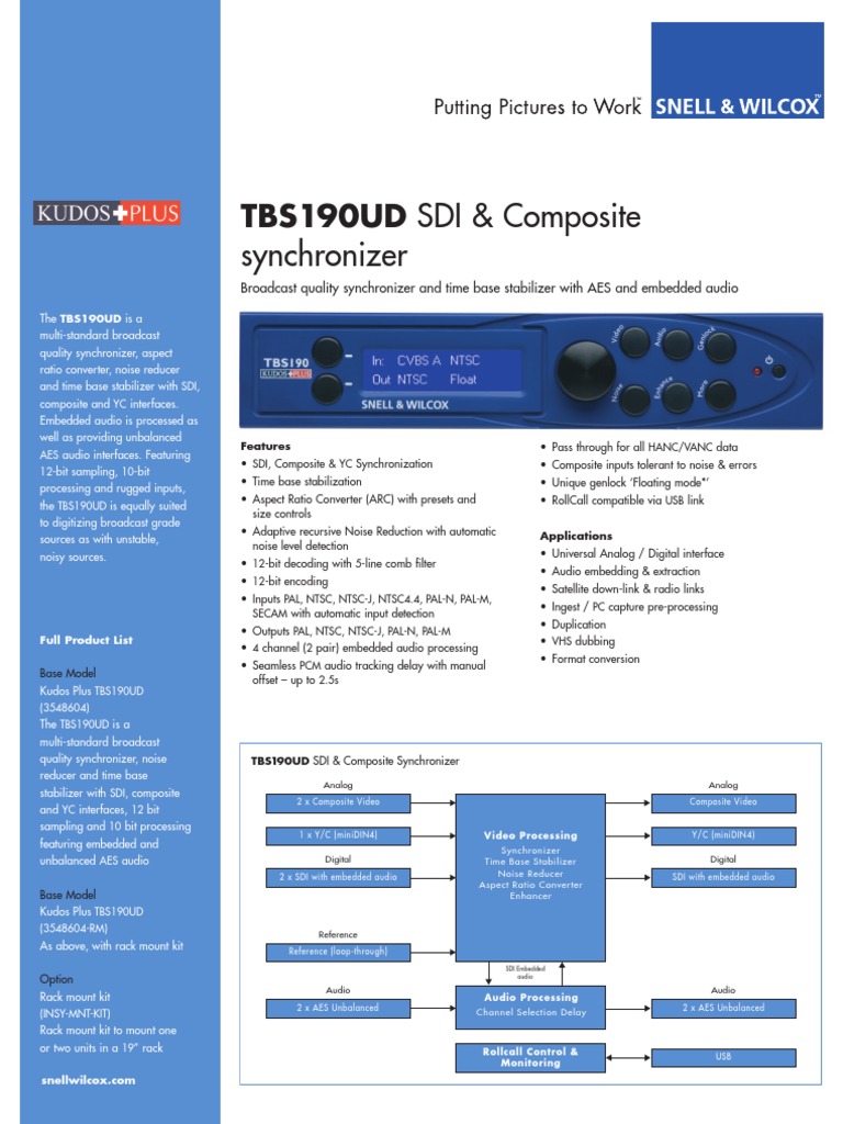 Folleto Snell & Wilcox TBS190UD PDF Video High Definition Television