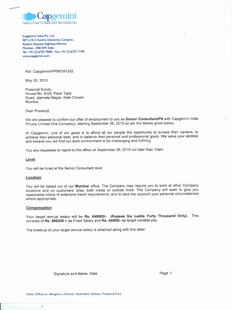 CapGemini Offer Letter PDF PDF
