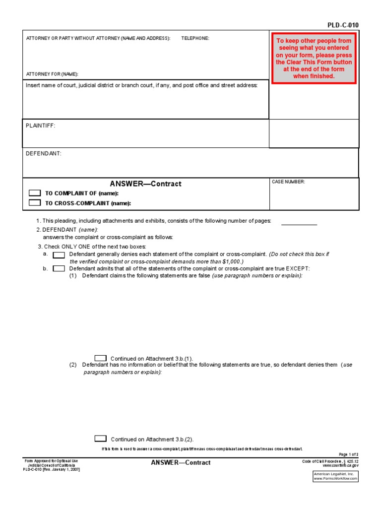 Filing an Answer Using PLD-C-010 Form | PDF | Complaint | Judiciaries