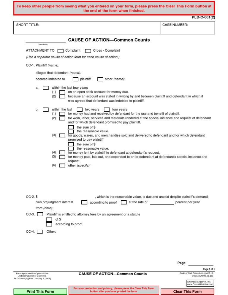 Common Counts Cause of Action Form | PDF | Complaint | Civil Law ...