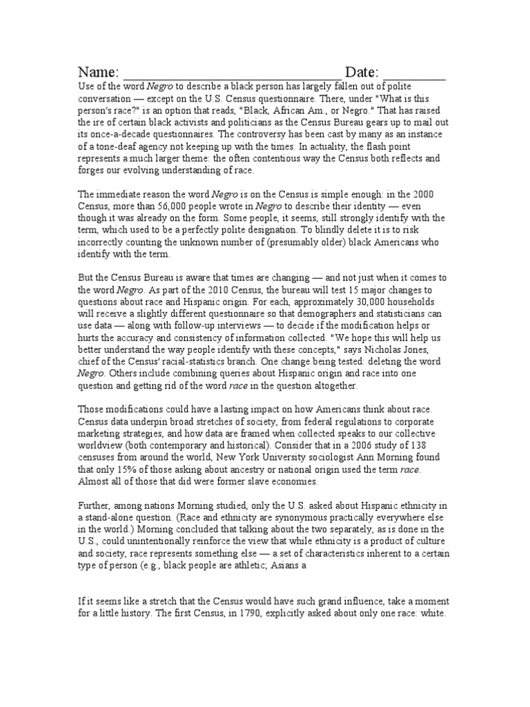 Name: Date | PDF | Race And Ethnicity In The United States Census ...