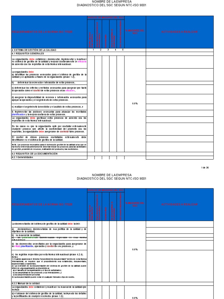 Check List para Diagnostico SGC ISO 9001 | PDF | Gestión de la calidad ...