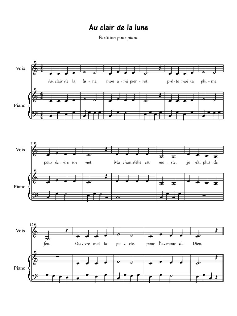 Au Clair De La Lune Partition Piano Pdf Au Clair de La Lune Partition | PDF