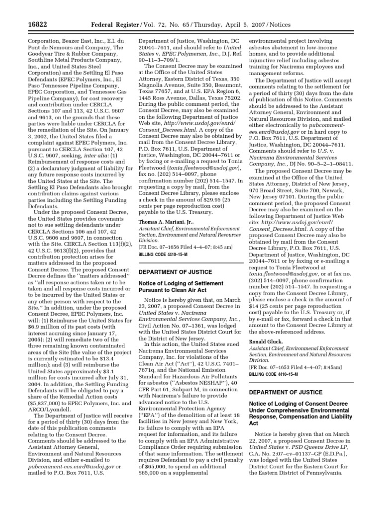 Notice Pollution Control Consent Judgments Nacirema Environmental
