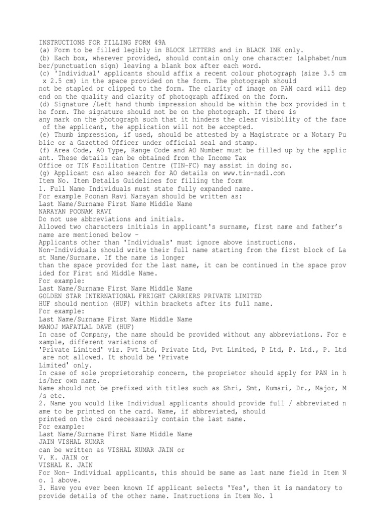 Instructions For Filling Form 49a (A) Form | PDF | Identity Document ...