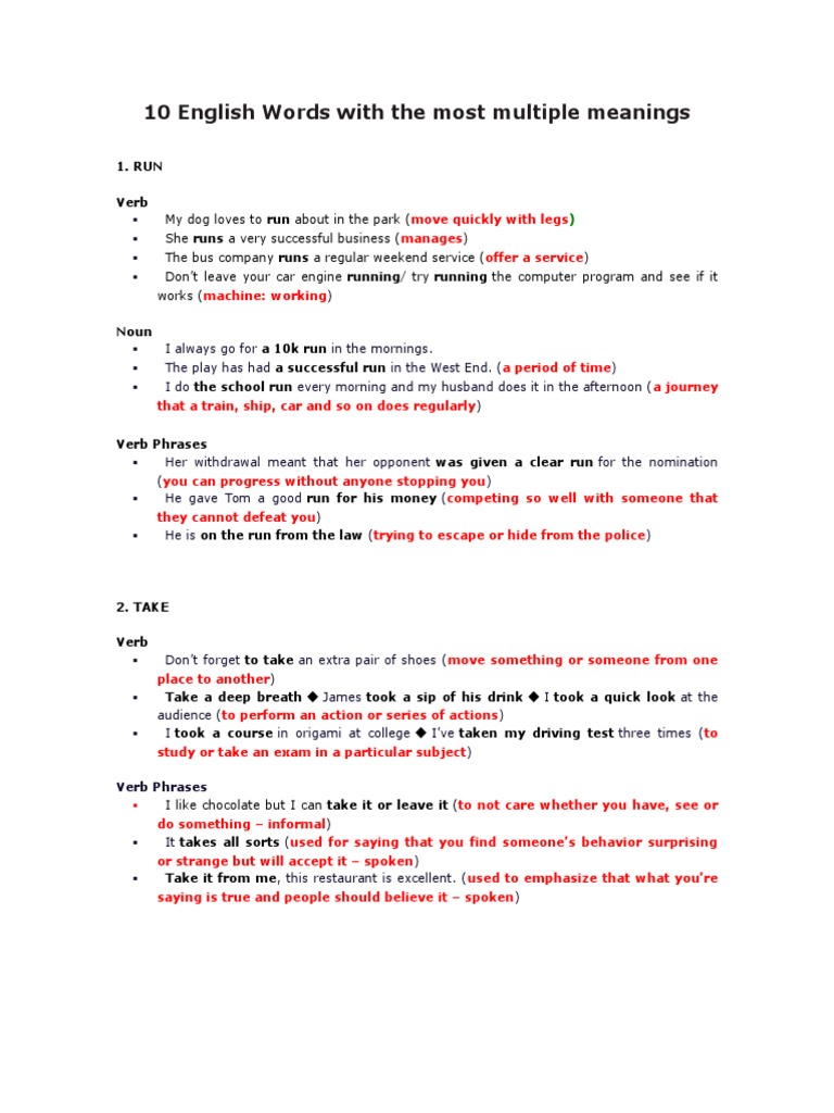 10 English Words With The Most Multiple Meanings | PDF | Phrase | Verb