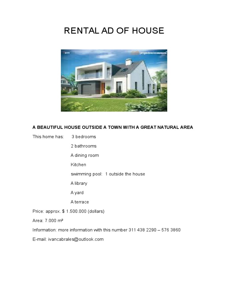 Rental Ad of House: A Beautiful House Outside A Town With A Great ...