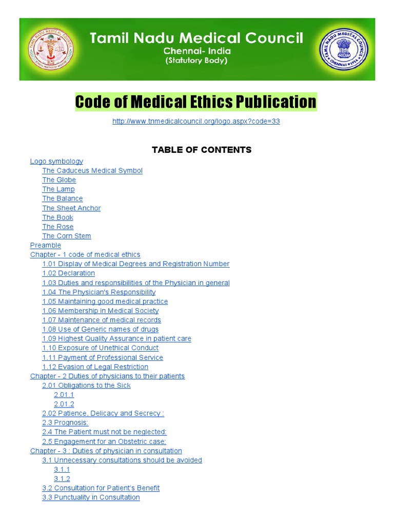 Code of Medical Ethics Tamil Nadu Medical Council Physician Medical Ethics
