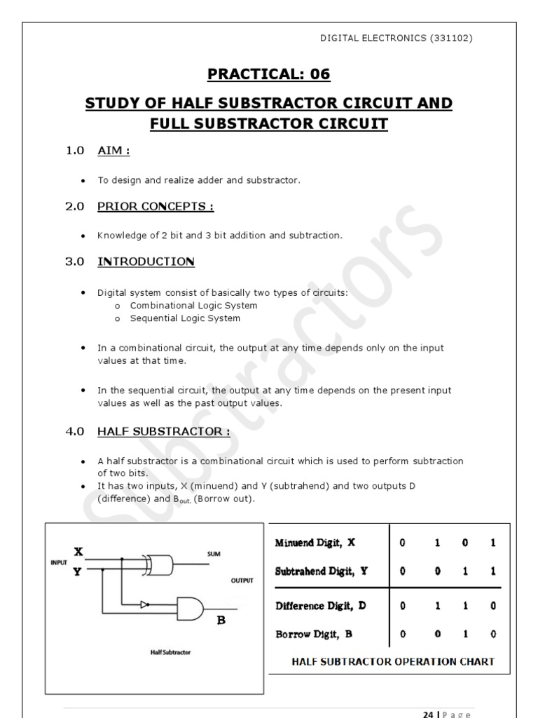 Half and Full Subtractor Circuits | PDF | Subtraction | Electronic ...