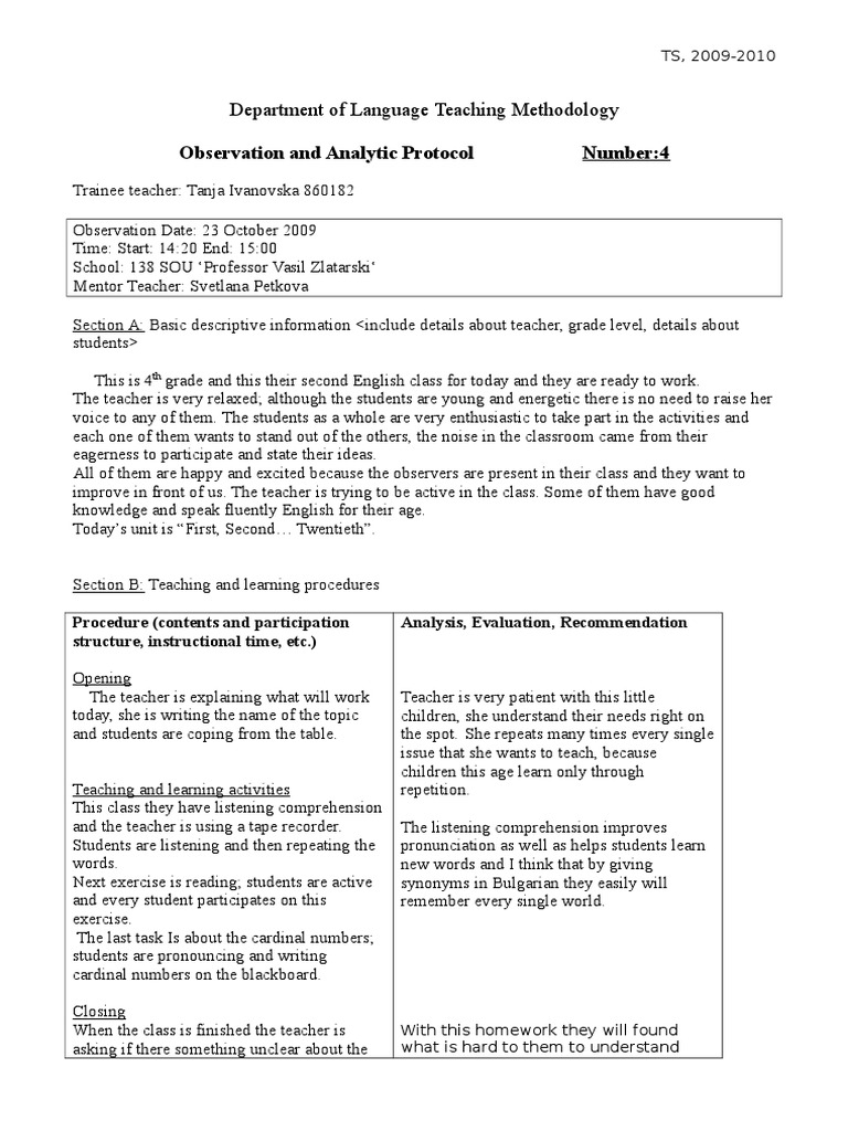 Observation Protocol 4 | PDF | Reading Comprehension | Education Theory