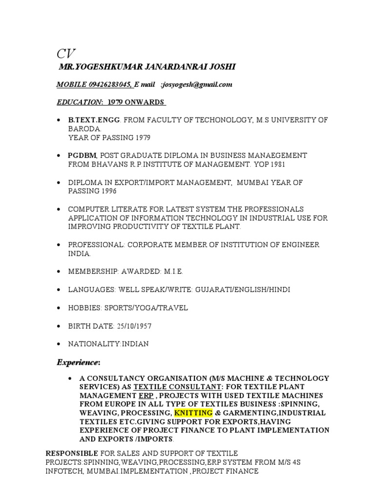 Cv Of Yjj Ceo New Textile Knitting Project Spinning Textiles Cotton