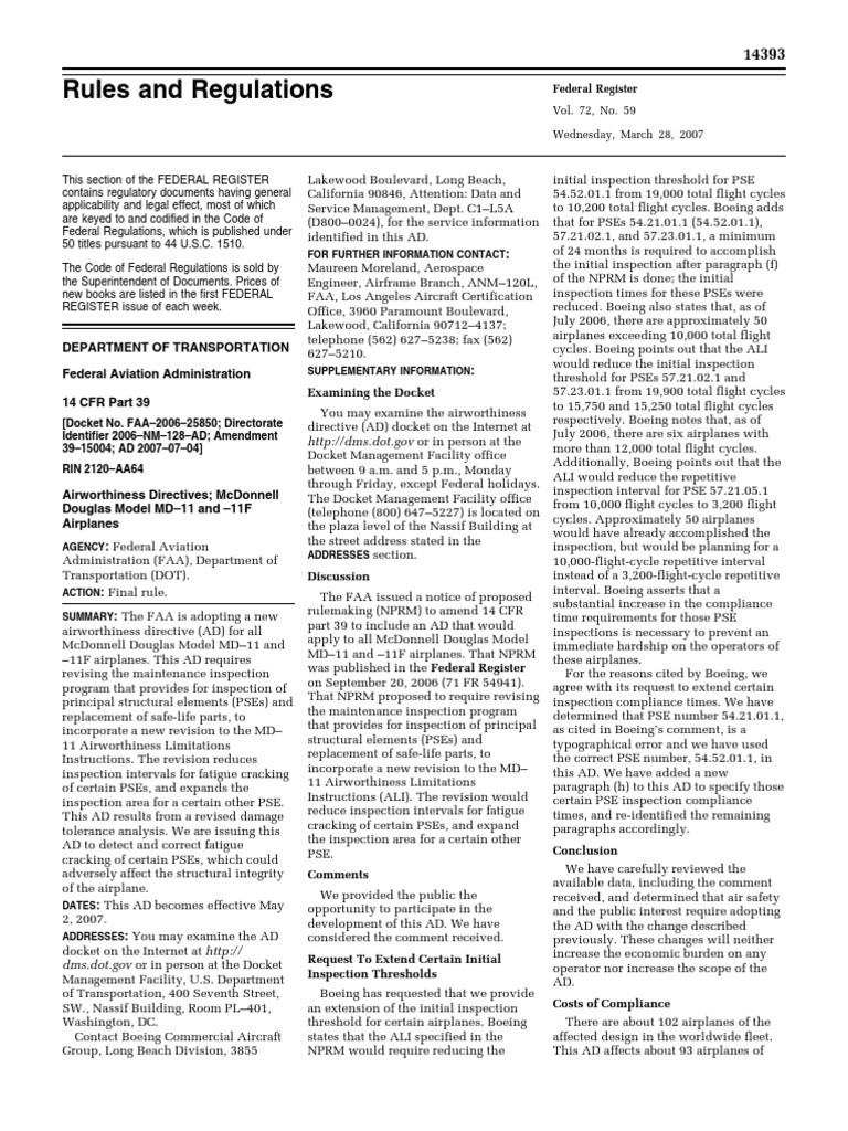 FAA Airworthiness Directive for MD-11 | PDF | Federal Aviation ...