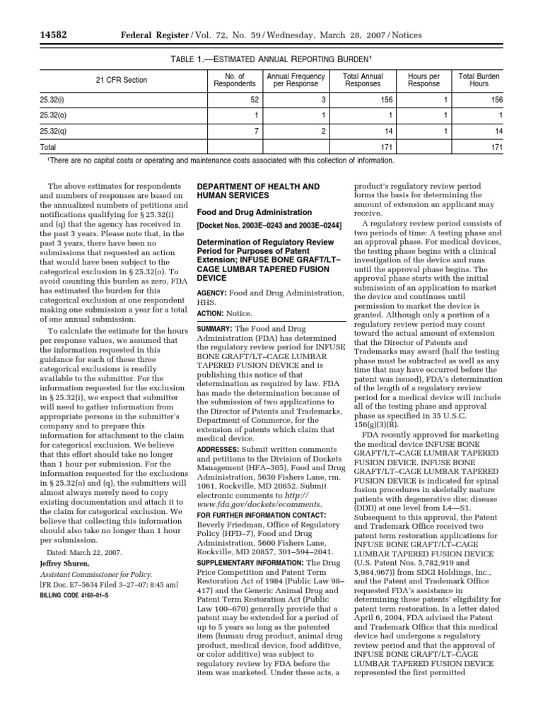 Notice Medical Devices Patent Extension Regulatory Review Period