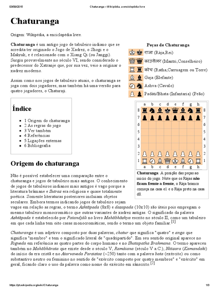 Chaturanga - Wikipédia, A Enciclopédia Livre, PDF, Jogos de tabuleiro  tradicionais
