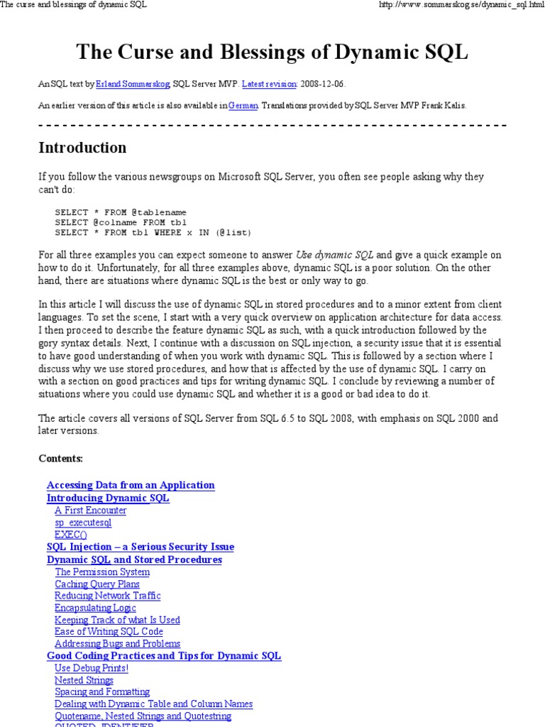 The Curse and Blessings of Dynamic SQL | PDF | Parameter (Computer ...