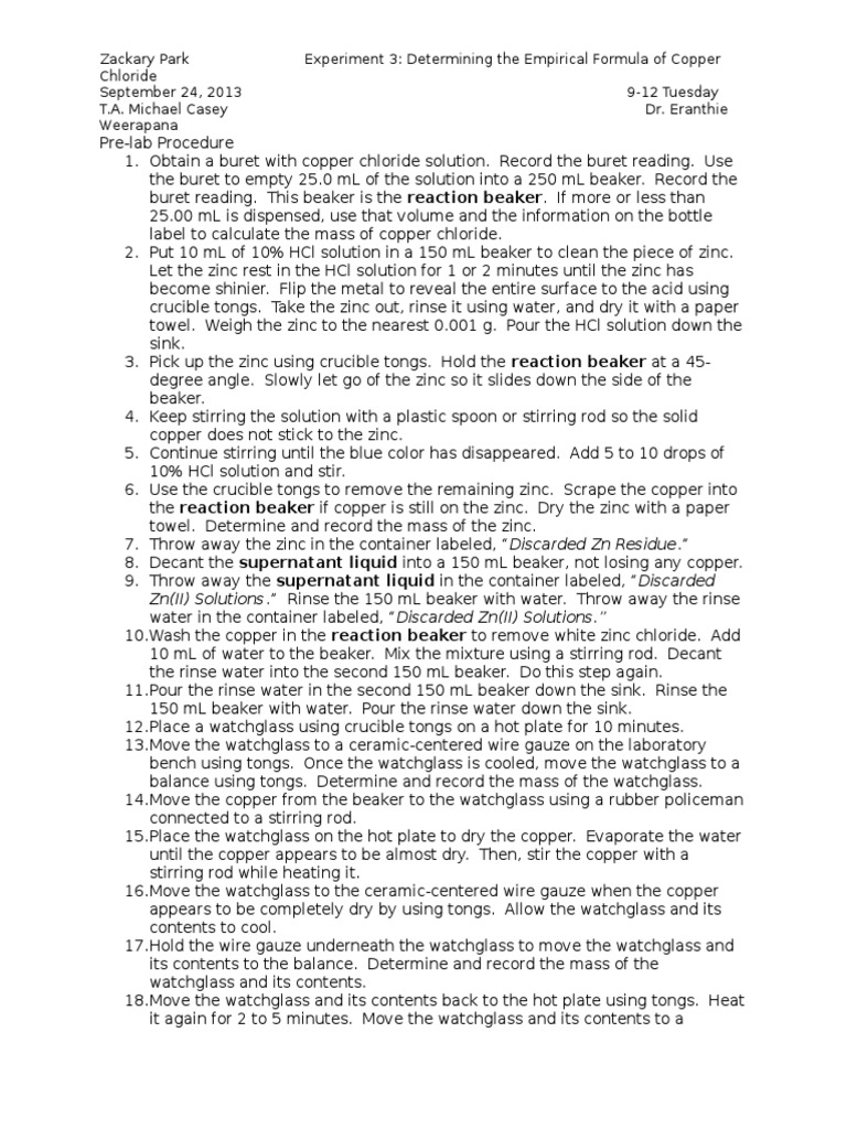 Determining The Empirical Formula of Copper Chloride Lab PDF Zinc