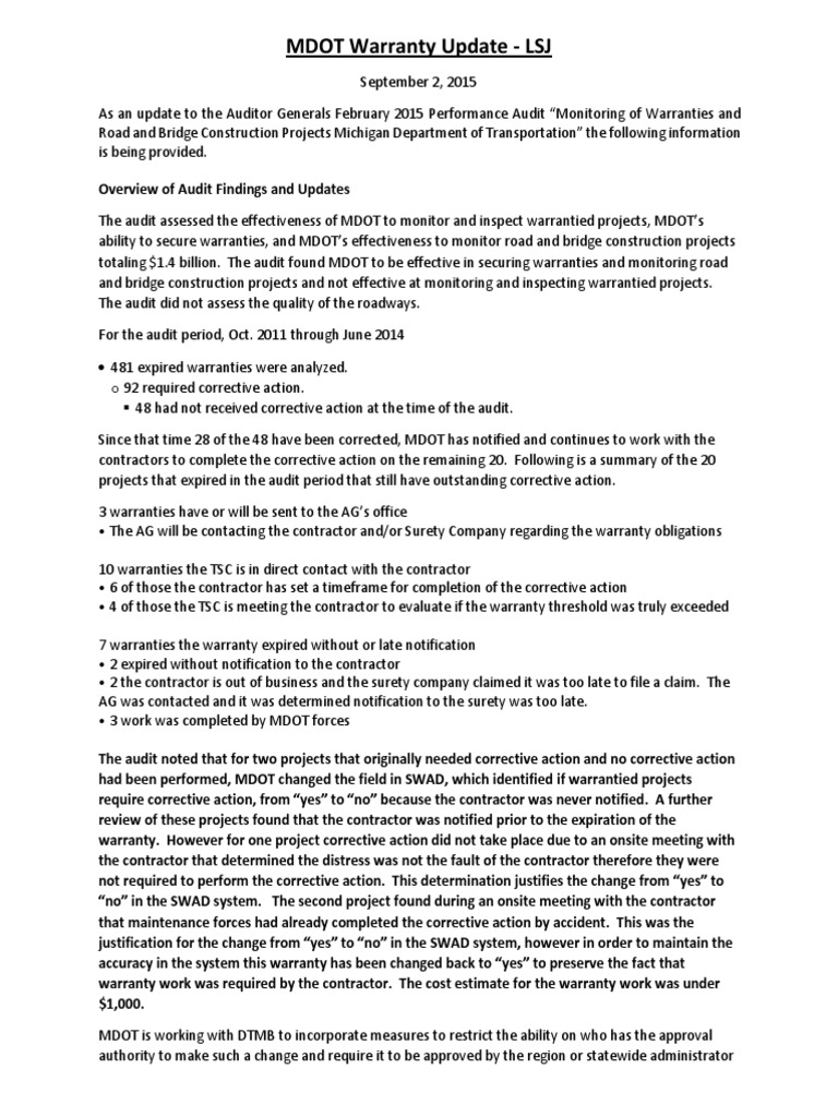 MDOT Warranty Update Sept 2 | PDF | Audit | Specification (Technical ...
