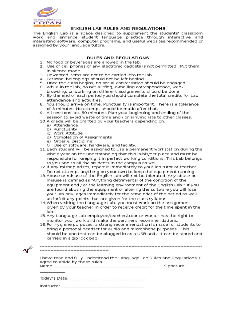 English Lab Rules and Regulations 1516 PDF Teaching Behavior