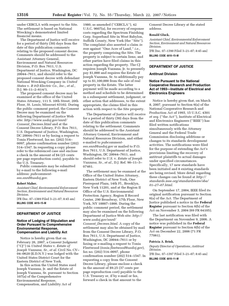 Consent Decree Notice for CERCLA Cases | PDF