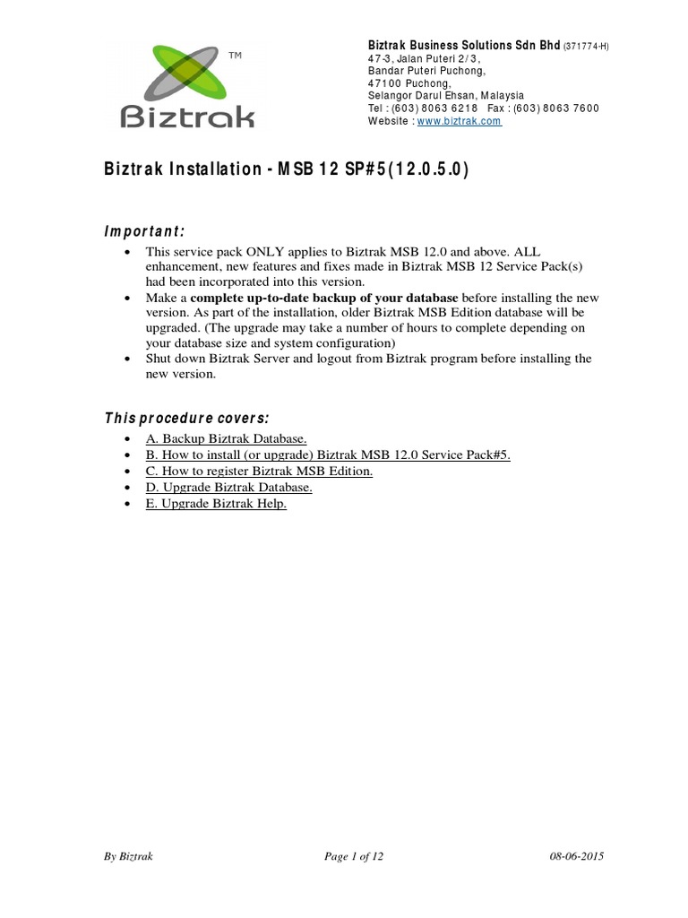 Biztrak Installation - MSB 12 SP#5 (12.0.5.0)  PDF  Databases 