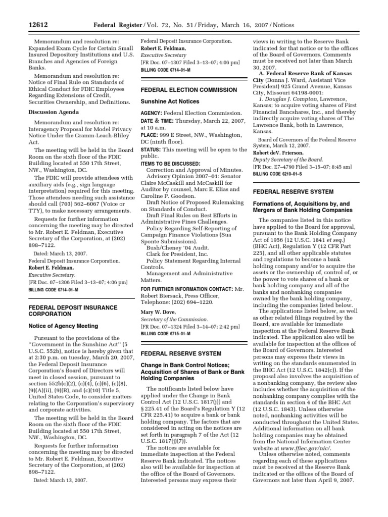 Notice Banks and bank holding companies Change in bank control