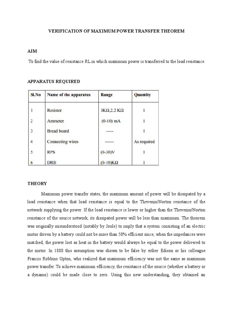 Maximum Power Transfer Theorem Verification | PDF