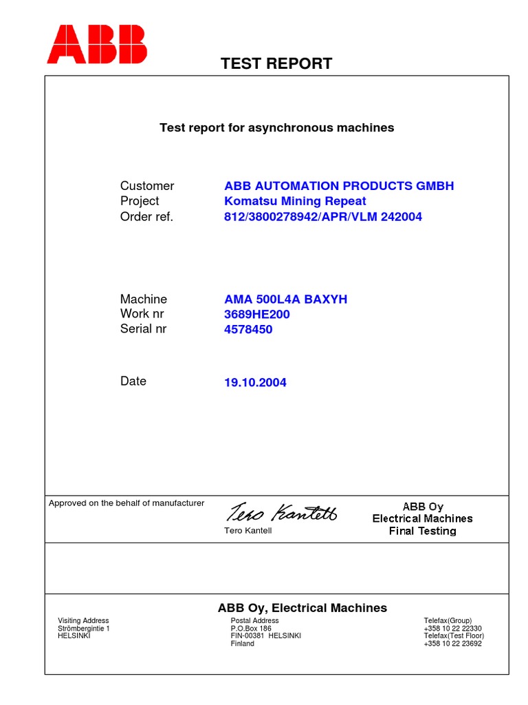 Test Report Motor_4578450AAENG Physical Quantities Electrical