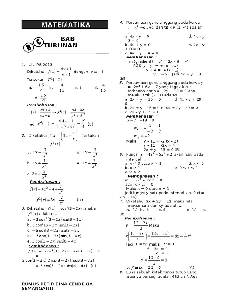 21 Contoh Soal Turunan Un Sma Kumpulan Contoh Soal