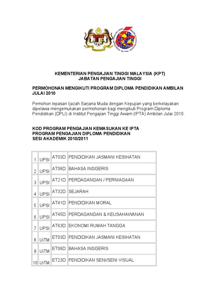 Iklan Pengambilan Diploma Pendidikan Lepasan Ijazah Dpli Ambilan Julai 2010