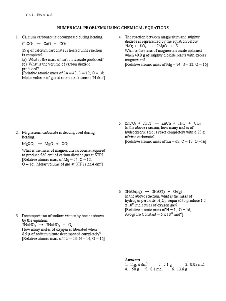 Ex 8 - Numerical Problems Using Chemical Equations | PDF