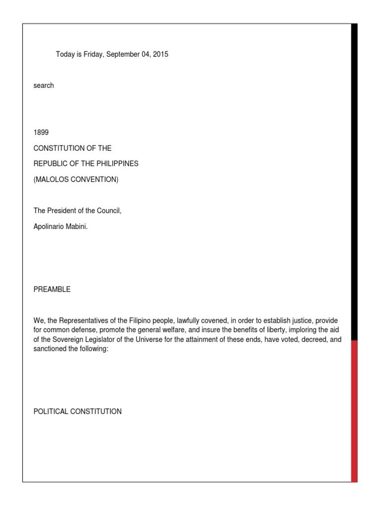 Malolos Constitution PDF President Of The Philippines World Politics