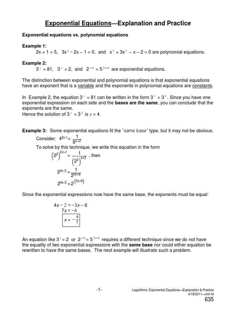 635 - 2011-Exponential Equations - Explanation Practice | PDF ...