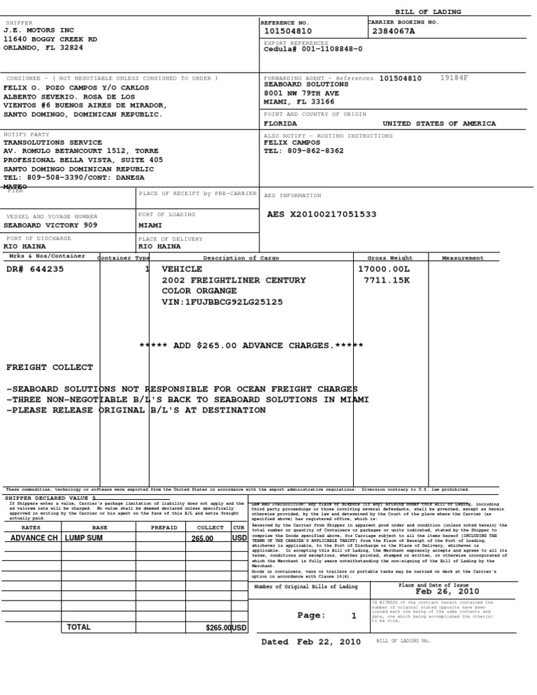 Bill of Lading Cargo Bill Of Lading