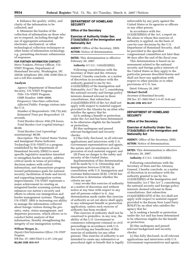 Notice Immigration and Nationality Act; Secretarial determination