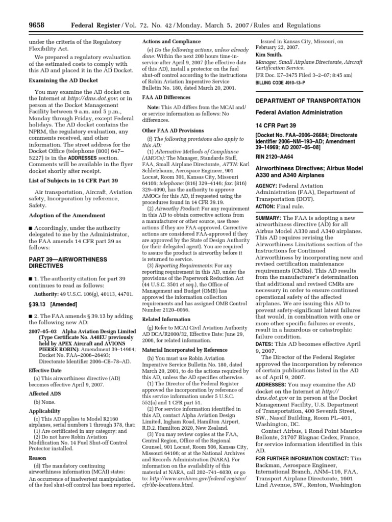 Rule Airworthiness directives Airbus Federal Aviation