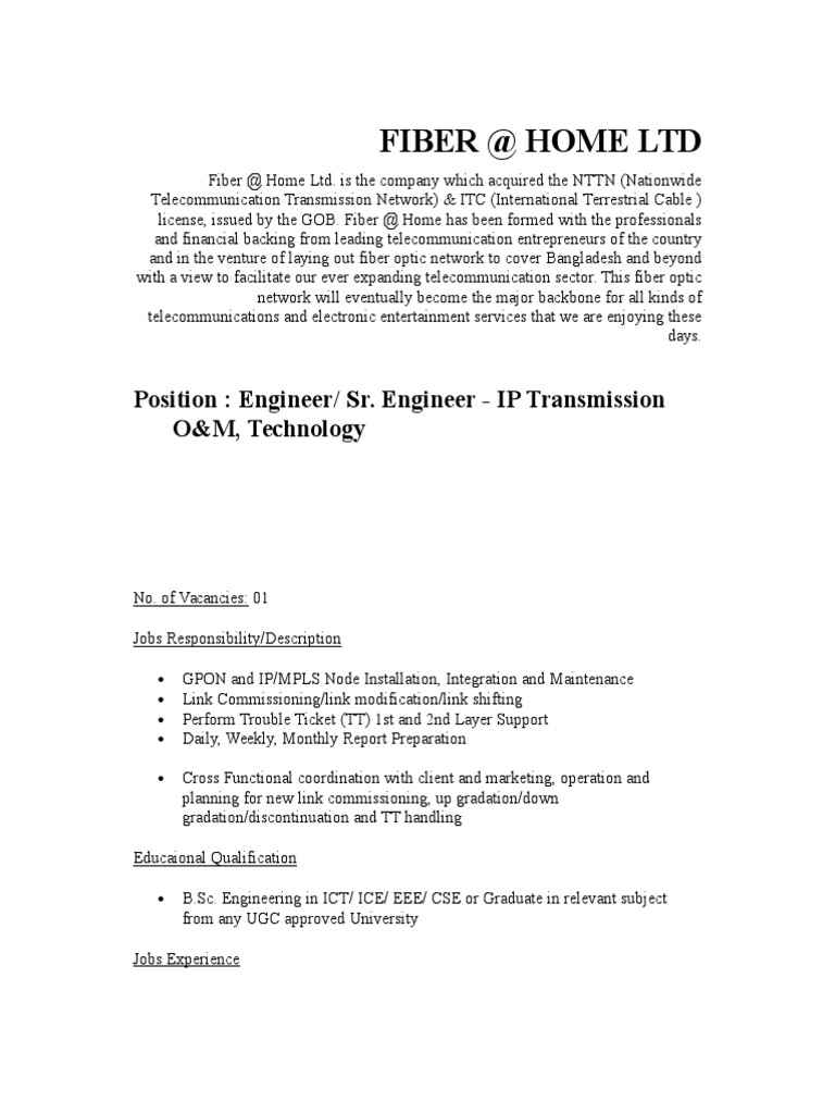 Engineer Role in Fiber Optics | PDF | Business | Technology & Engineering