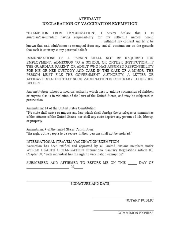 Vaccine Exemption Form Vaccination Legal Guardian