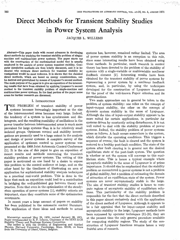 Direct Methods For Transient Stability Studies in Power System Analysis ...