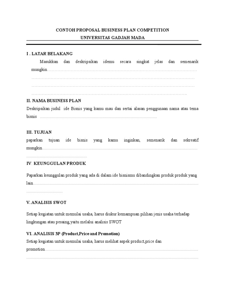 Contoh Proposal Bisnis Plan