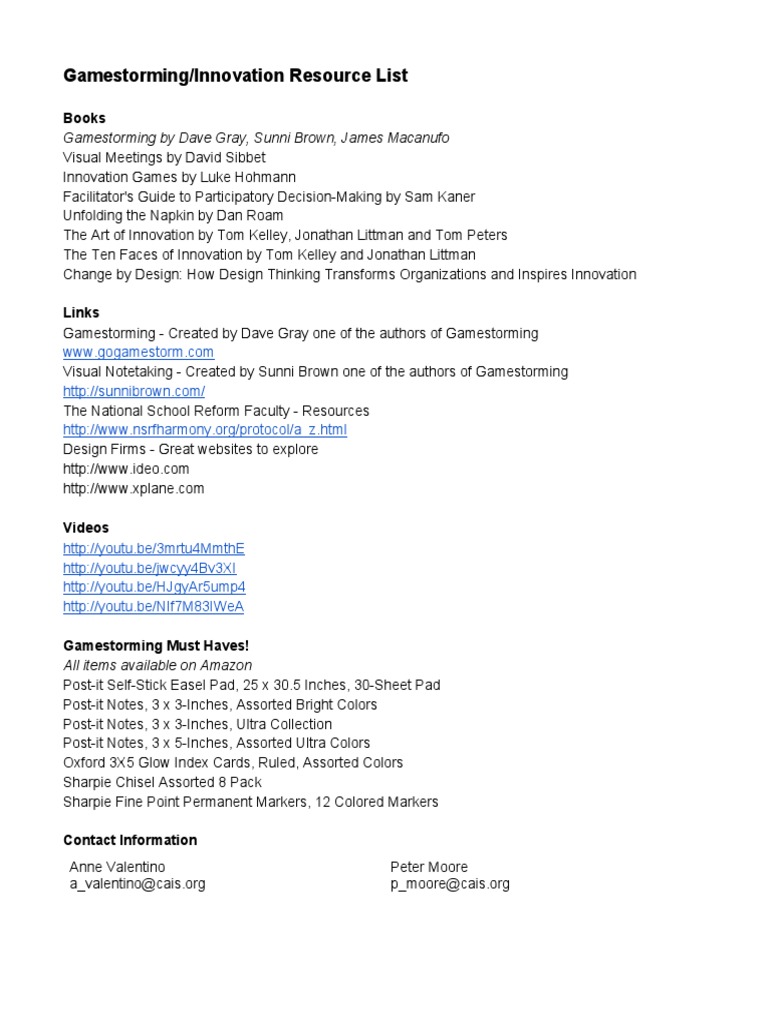 Gamestorming Innovation Resources List | PDF | Games & Activities
