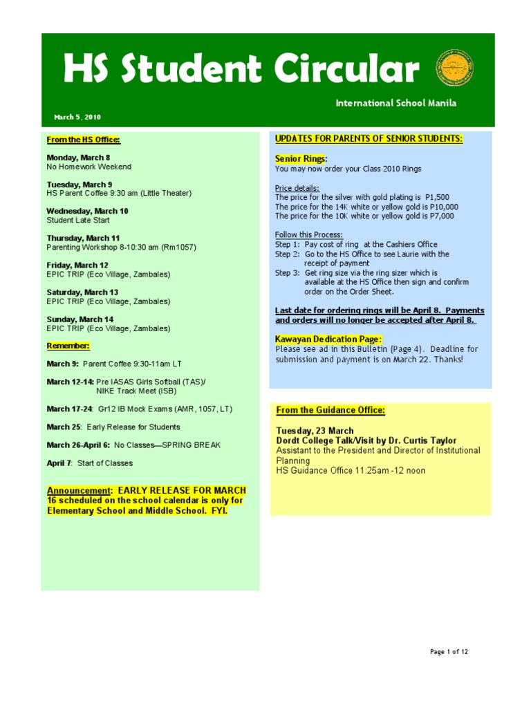 March 2010 High School Announcements | PDF | College | Sports