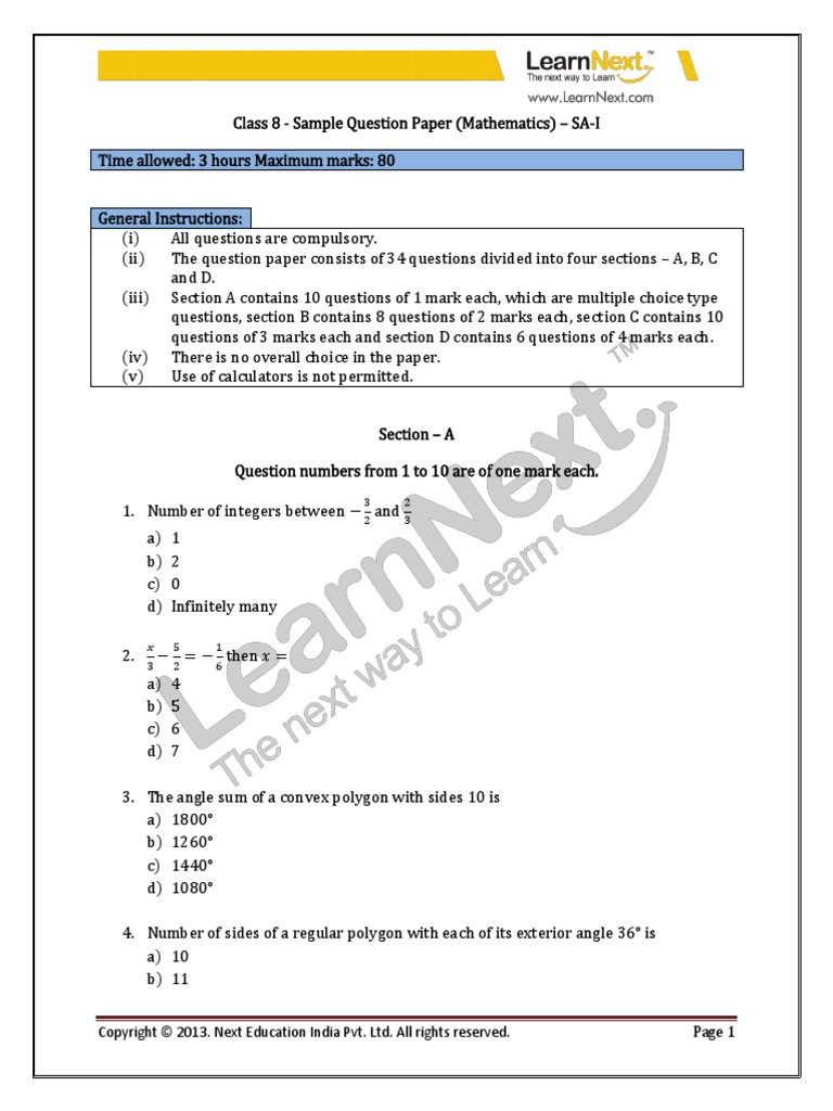 CBSE Class 8 Maths SA1 Sample Paper | PDF | Numbers | Elementary ...