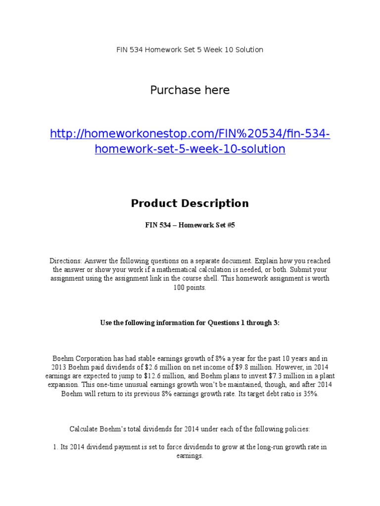 FIN 534 Homework Set 5 Week 10 Solution | PDF | Dividend | Euro