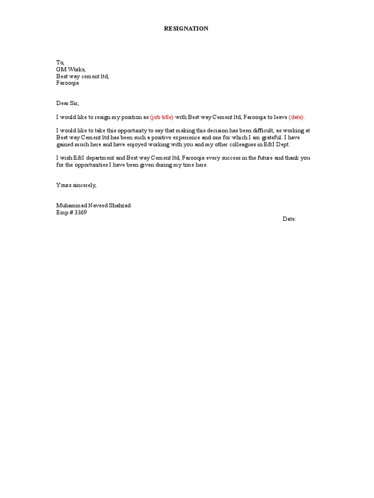 (Job Title) (Date) .: Resignation | PDF