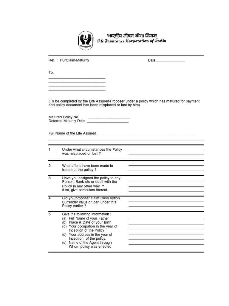 LIC Lost Policy Maturity Claim Form | PDF | Business | Finance & Money ...