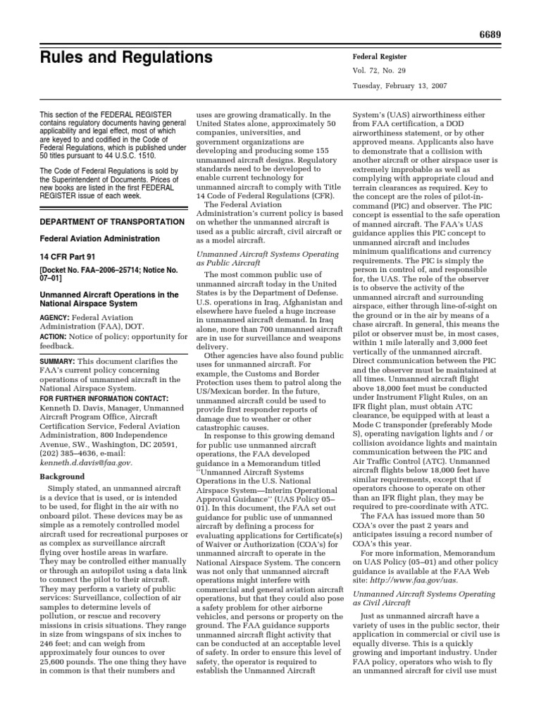 FAA Policy on Unmanned Aircraft Operations | PDF | Unmanned Aerial ...