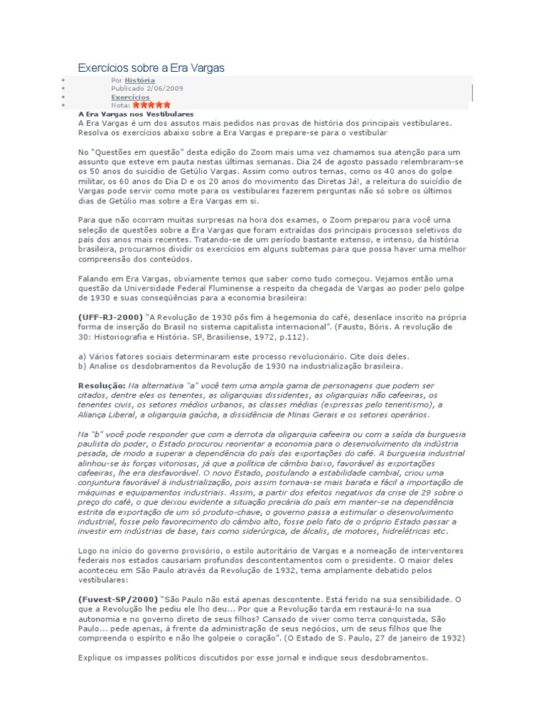 Exercícios sobre a Era Vargas | PDF | Fascismo | Estado