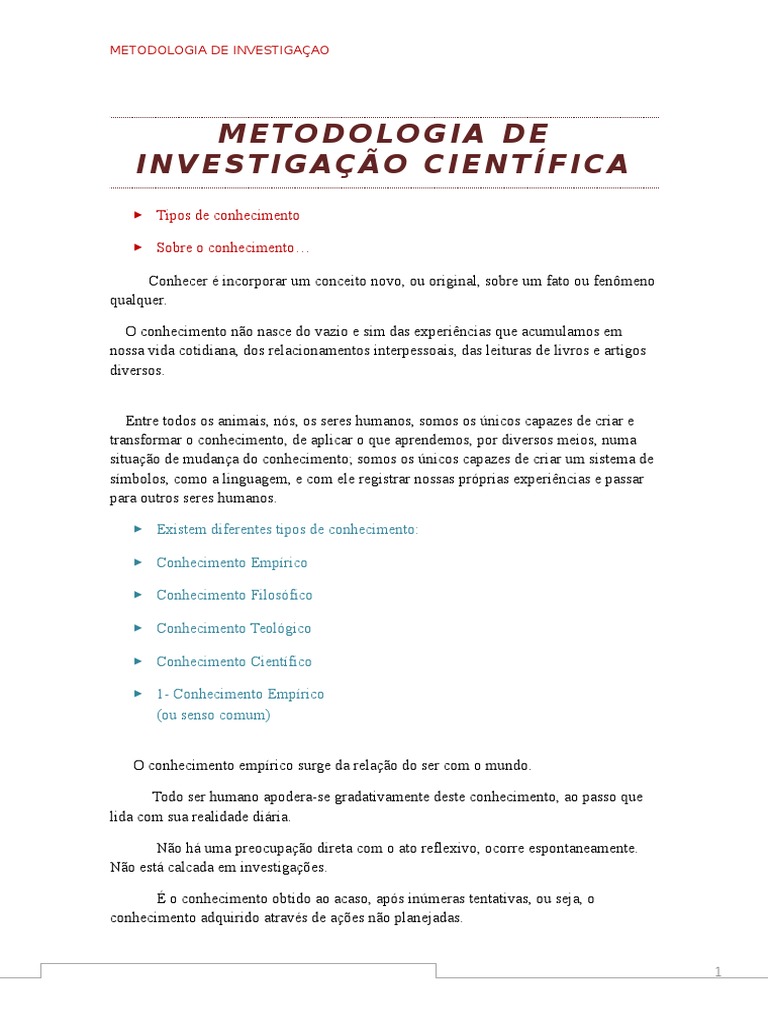 Metodologia de Investigação Científica | PDF | Conhecimento | Science