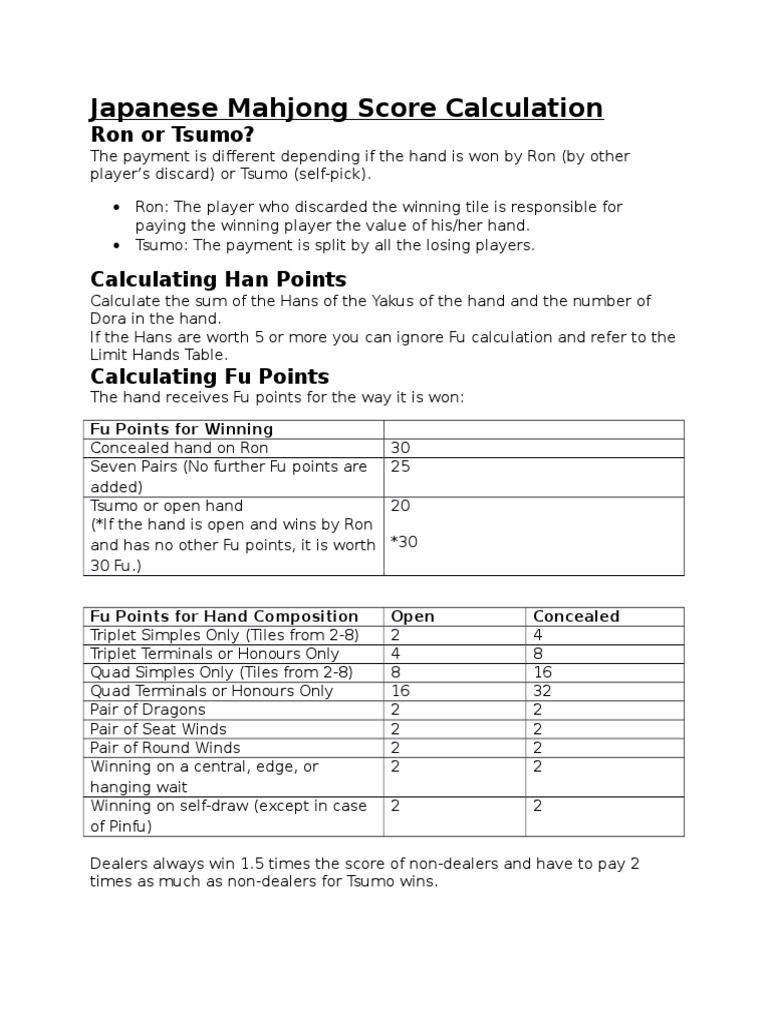 Japanese Mahjong Scoring Guide | PDF